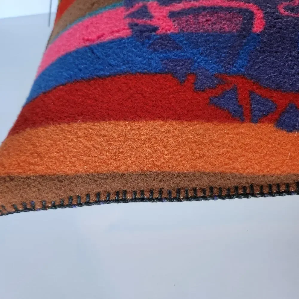 Vintage 70s Artisan Wool Leather Folk Art Tribal Boho Hand Stitched Pillow 20x15